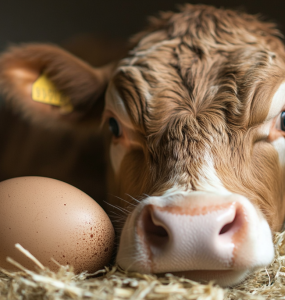 Photo prise par Lucie d'une vache couvant son oeuf. (Génération par IA of course).